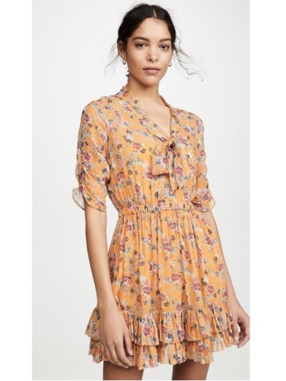 Nicholas Ruffle Neck Tie Mini Dress Floral Multi Print Honey Yellow size Small